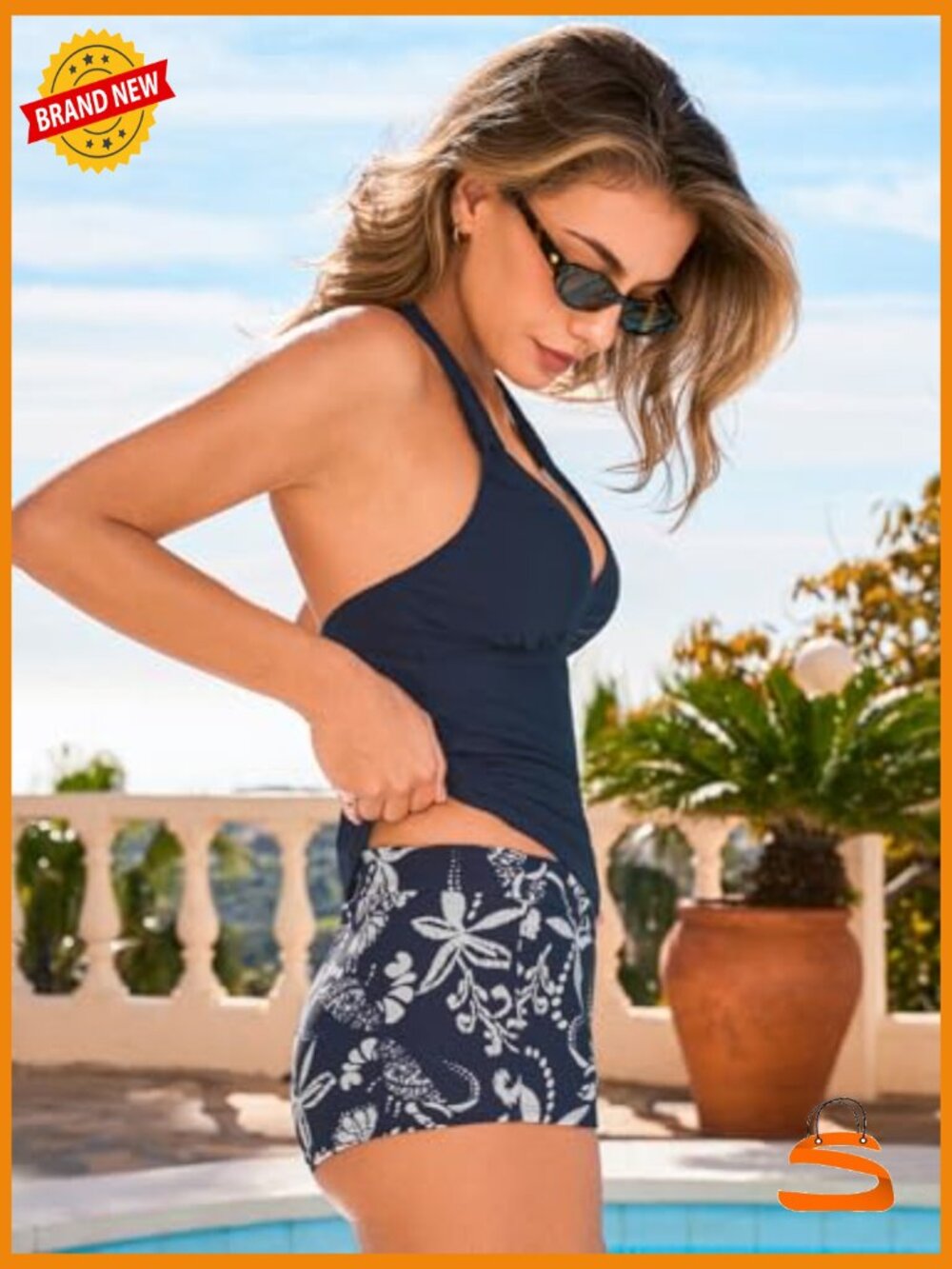 Women's Tankini Set High Waisted Halter V Neck Bathing Suit Adjustable Straps - Picture 3 of 6
